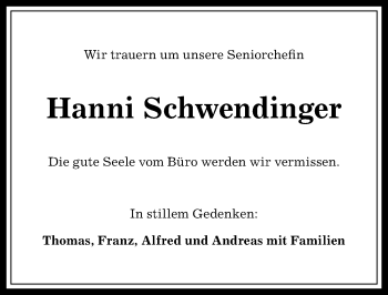 Traueranzeige von Hanni Schwendinger von Allgäuer Anzeigeblatt