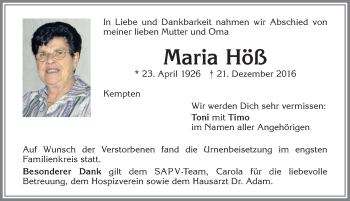 Traueranzeige von Maria Höß von Allgäuer Zeitung,Kempten