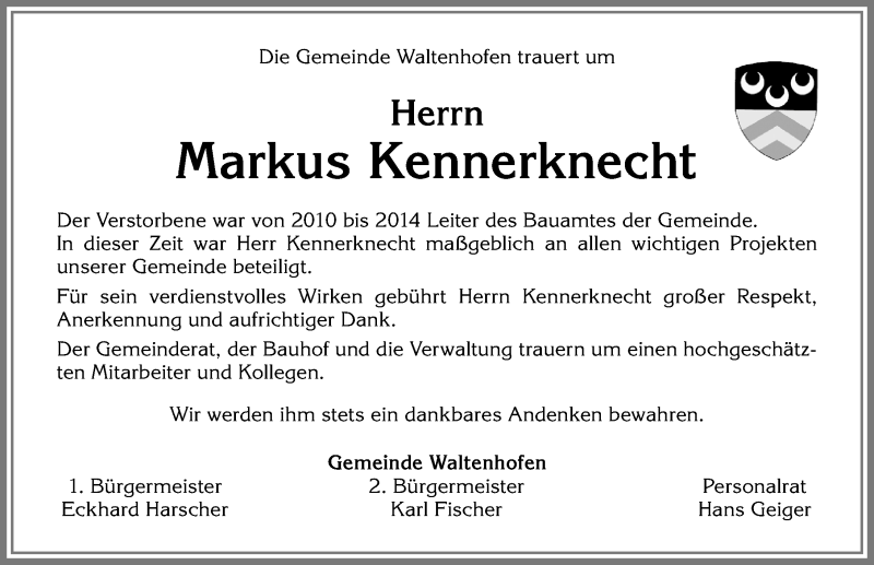  Traueranzeige für Markus Kennerknecht vom 02.01.2017 aus Allgäuer Zeitung,Kempten