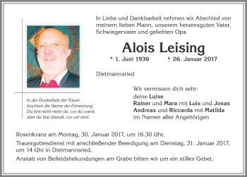 Traueranzeige von Alois Leising von Allgäuer Zeitung,Kempten