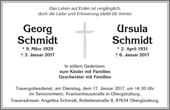 Traueranzeige von Georg, Ursula Schmidt von Allgäuer Zeitung, Marktoberdorf