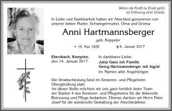 Traueranzeige von Anni Hartmannsberger von Allgäuer Zeitung, Marktoberdorf