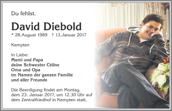Traueranzeige von David Diebold von Allgäuer Zeitung,Kempten
