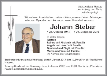 Traueranzeige von Johann Steber von Allgäuer Zeitung, Kaufbeuren/Buchloe