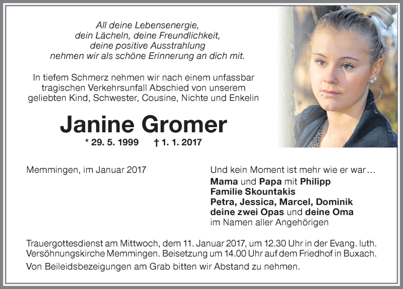  Traueranzeige für Janine Gromer vom 07.01.2017 aus Memminger Zeitung