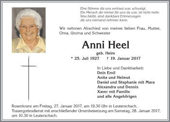 Traueranzeige von Anni Heel von Allgäuer Zeitung, Marktoberdorf