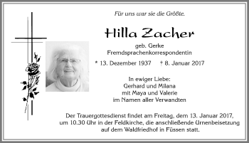 Traueranzeige von Hilla Zacher von Allgäuer Zeitung, Füssen