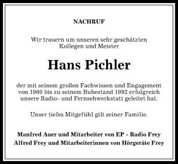 Traueranzeige von Hans Pichler von Allgäuer Anzeigeblatt