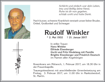 Traueranzeige von Rudolf Winkler von Allgäuer Zeitung, Marktoberdorf