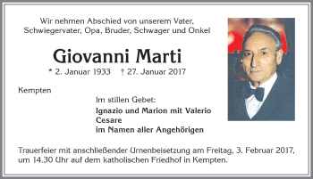Traueranzeige von Giovanni Marti von Allgäuer Zeitung,Kempten