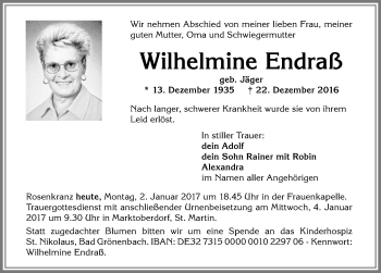 Traueranzeige von Wilhelmine Endraß von Allgäuer Zeitung, Marktoberdorf