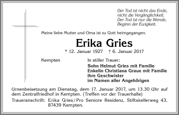 Traueranzeige von Erika Gries von Allgäuer Zeitung,Kempten