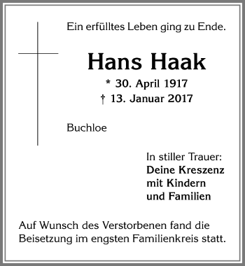 Traueranzeige von Hans Haak von Allgäuer Zeitung, Kaufbeuren/Buchloe