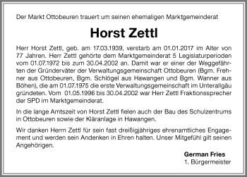 Traueranzeige von Horst Zettl von Memminger Zeitung