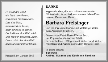 Traueranzeige von Barbara Freisinger von Allgäuer Zeitung,Kempten