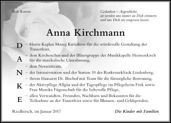 Traueranzeige von Anna Kirchmann von Der Westallgäuer