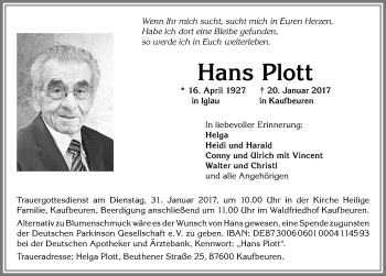 Traueranzeige von Hans Plott von Allgäuer Zeitung