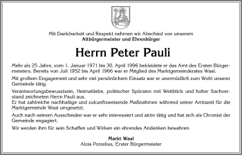 Traueranzeige von Peter Pauli von Allgäuer Zeitung, Kaufbeuren/Buchloe