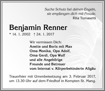 Traueranzeige von Benjamin Renner von Allgäuer Zeitung,Kempten