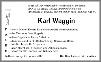 Traueranzeige von Karl Waggin von Allgäuer Zeitung, Kaufbeuren/Buchloe