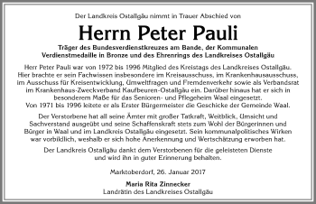 Traueranzeige von Peter Pauli von Allgäuer Zeitung