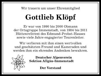 Traueranzeige von Gottlieb Klöpf von Allgäuer Anzeigeblatt