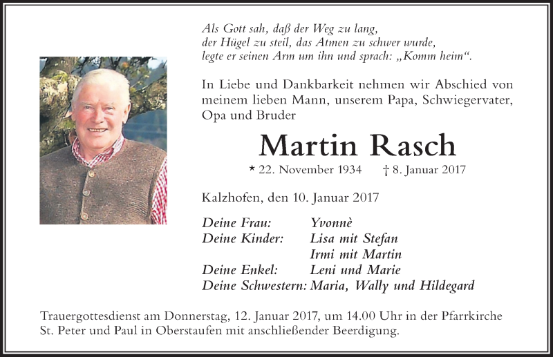  Traueranzeige für Martin Rasch vom 10.01.2017 aus Der Westallgäuer