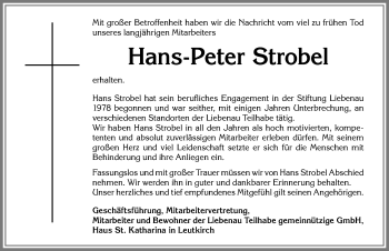 Traueranzeige von Hans-Peter Strobel von Allgäuer Zeitung,Kempten