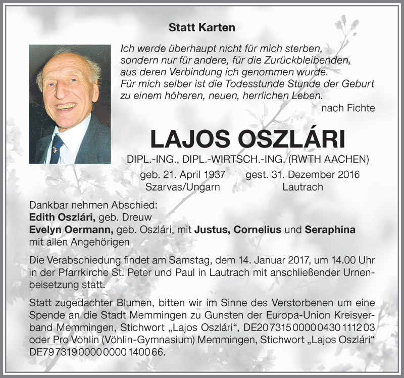  Traueranzeige für Lajos Oszlari vom 07.01.2017 aus Memminger Zeitung