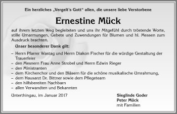 Traueranzeige von Ernestine Mück von Allgäuer Zeitung, Marktoberdorf