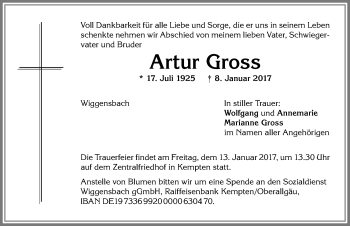 Traueranzeige von Artur Gross von Allgäuer Zeitung,Kempten