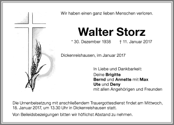 Traueranzeige von Walter Storz von Memminger Zeitung