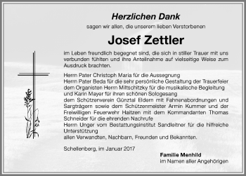 Traueranzeige von Josef Zettler von Memminger Zeitung
