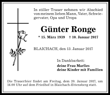 Traueranzeige von Günter Ronge von Allgäuer Anzeigeblatt