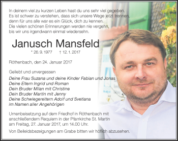 Traueranzeige von Janusch Mansfeld von Der Westallgäuer