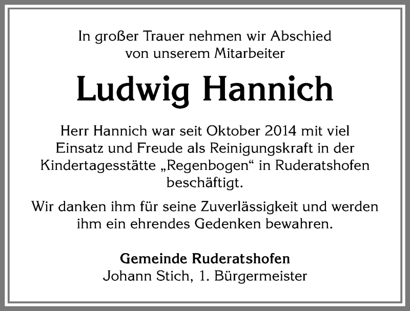  Traueranzeige für Ludwig Hannich vom 31.01.2017 aus Allgäuer Zeitung