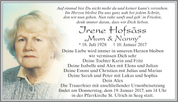 Traueranzeige von Irene Hofsäss von Allgäuer Zeitung, Füssen