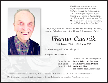 Traueranzeige von Werner Czernik von Allgäuer Zeitung,Kempten