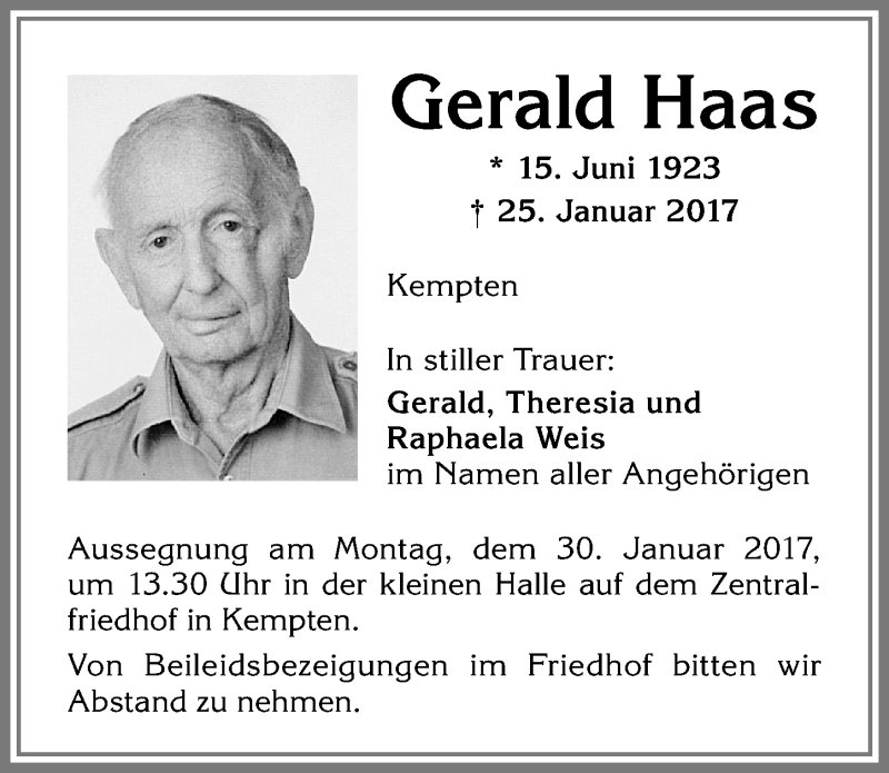  Traueranzeige für Gerald Haas vom 28.01.2017 aus Allgäuer Zeitung,Kempten