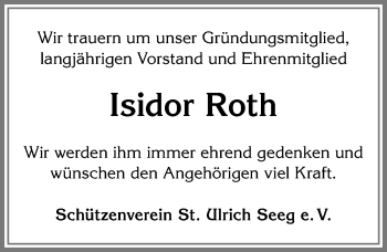 Traueranzeige von Isidor Roth von Allgäuer Zeitung, Füssen