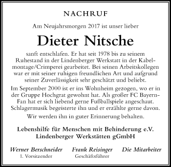 Traueranzeige von Dieter Nitsche von Der Westallgäuer