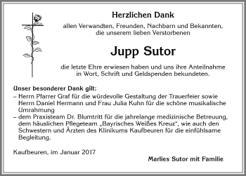 Traueranzeige von Jupp Sutor von Allgäuer Zeitung, Kaufbeuren/Buchloe
