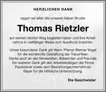 Traueranzeige von Thomas Rietzler von Memminger Zeitung