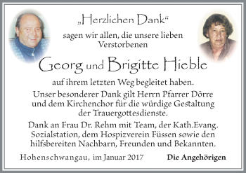 Traueranzeige von Georg und Brigitte Hieble von Allgäuer Zeitung, Füssen