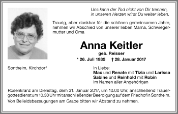 Traueranzeige von Anna Keitler von Memminger Zeitung