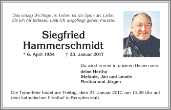 Traueranzeige von Siegfried Hammerschmidt von Allgäuer Zeitung,Kempten