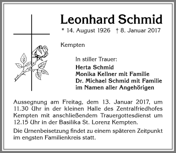 Traueranzeige von Leonhard Schmid von Allgäuer Zeitung,Kempten