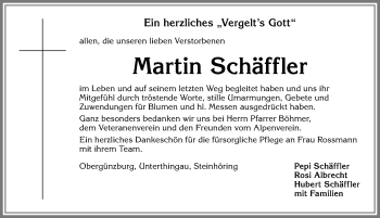 Traueranzeige von Martin Schäffler von Allgäuer Zeitung, Marktoberdorf