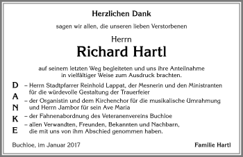 Traueranzeige von Richard Hartl von Allgäuer Zeitung, Kaufbeuren/Buchloe