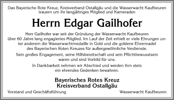 Traueranzeige von Edgar Gailhofer von Allgäuer Zeitung, Kaufbeuren/Buchloe